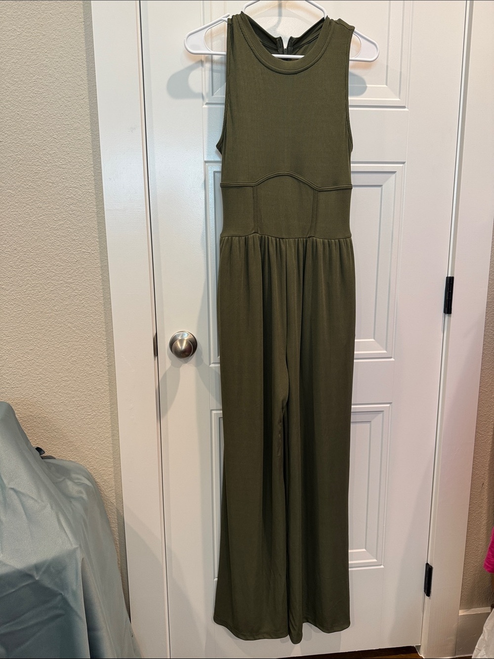 Cider Olive Green Ribbed Sleeveless Wide-Leg Jumpsuit